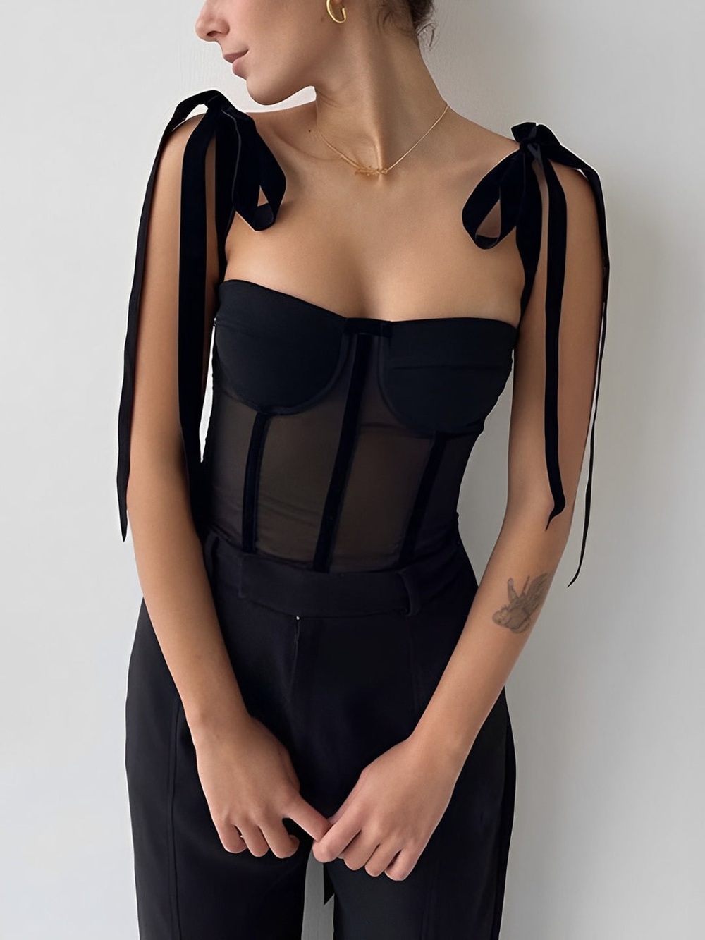 Commense Sheer Mesh Tie-Shoulder Corset Crop Top Black Size Small NWT